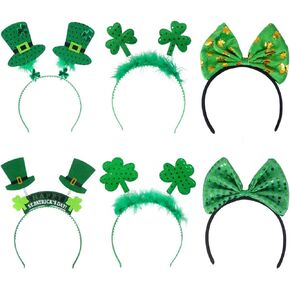 St. Patrick’s Day Green Headband - Set of 6 Shamrock Clover Head Boppers Leprechaun Top Hat