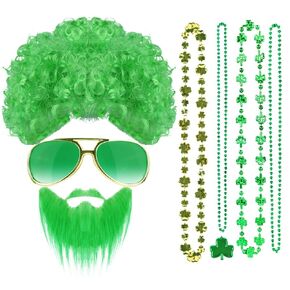 7Pcs St. Patrick's Day Costume Set-Green Curly Afro Wig and Shamrock Bead Necklace Party Sunglasses for St.Patrick's Day Costume Dress up