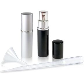 Refillable Perfume & Cologne Fine Mist Atomizers with Metallic Exterior & Glass Interior - 5ml Portable Travel Size - 3ml Squeeze Transfer Pipette Included (2 Pack, Black)
