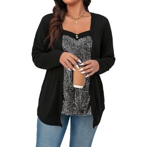 WDIRARA Women's Plus Size Sequin Tops Glitter Sparkly Long Sleeve T Shirt Asymmetrical Hem Party Tee Top