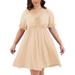 ZOMVA 2024 Plus Size Summer Dress Tie Front Sweetheart Neck Puff Short Sleeve Swing A Line Midi Causal Babydoll Dresses