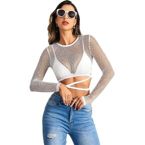 Milumia Women's Sheer Fishnet Mesh Crisscross Tie Long Sleeve Crop Tee Tops