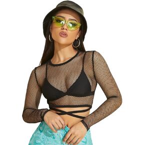Milumia Women's Sheer Fishnet Mesh Crisscross Tie Long Sleeve Crop Tee Tops