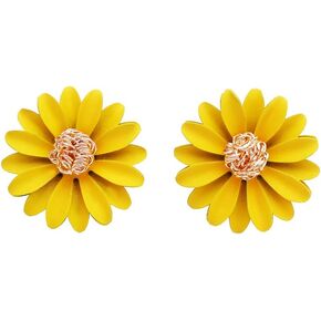 HUJUON Bohemia Metal Daisy Flowers Stud Earrings for Women Girl. Yellow White Chrysanthemum Sunflower Statement Earrings