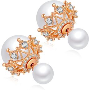 RIMGORIS Double-Sided White Pearl Hollow Zircon 925 Sterling Silver Stud Earrings for Womem