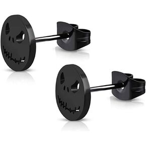 YZstyle Stainless Steel Black/Silver Jack Skellington Cut-Out Round Circle Button Stud Post Earrings（10mm）