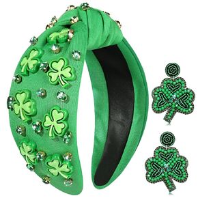 St. Patrick’s Day Headband for Women Lucky Shamrock Knotted Headband Good Luck Headband Embellished Crystal Wide Top Knot Headband St. Patrick's Day Hair Accessories Irish Holiday Gifts (Shamrock 1)