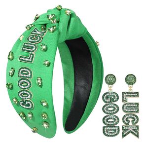 St. Patrick’s Day Headband for Women Lucky Shamrock Knotted Headband Good Luck Headband Embellished Crystal Wide Top Knot Headband St. Patrick's Day Hair Accessories Irish Holiday Gifts (Shamrock 1)