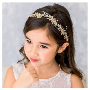 SWEETV Flower Girl Hair Accessories for Wedding Headpieces Flower-Leaf Girls Headband Princess Crystal Pearl Hair Pieces for Birthday Party, First Communion