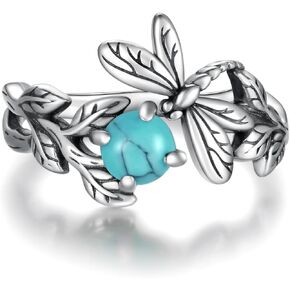 APOTIE Silver Dragonfly Branch Turquoise Ring - S925 Insect Leaves Open Rings Jewelry Gifts for Women
