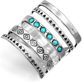 FORUBUS Bohemian Openwork Carved Turquoise Ring for Women Girls, Retro Chunky Ring for Holiday Outfit Vintage Jewelry