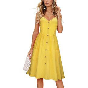 KILIG Women's Summer Casual Sundress Button Sleeveless Spaghetti Strap Dress with Pockets