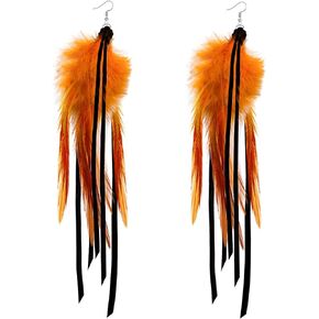 Mintolex Boho Leather Feather Tassel Fringe Earrings for Women Girls Handmade Cowgirl Earring Dangling Western Style Bohemian Ethnic Statement Long Earrings Jewelry Gifts