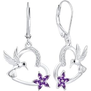 YL Hummingbird Heart Earrings Sterling Silver Flowers Dangle Drop Earrings Birthstones Leverback Jewelry for Women