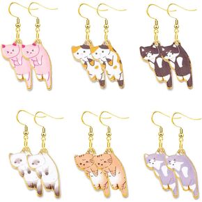 6 Pairs Cute Anime Cat Dangle Earrings Set for Women Girls Funny Aesthetic Animal Floral Teacup Cat Earrings Cartoon Kitten Dangle Earrings Lover Cat Birthday Gifts