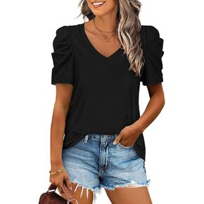 Womens Casual V Neck T Shirt Puff Sleeve Tops Ruched Elegant Summer Shirts