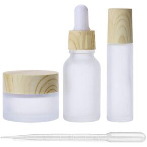 3Pcs Empty Translucent Frosted Glass Cosmetic Containers with Wood Grain Cap, 1 30ml Round Jar+1 20ml Eye Dropper Bottles+1 10ml Roller Bottles for Essential Oil Aromatherapy Perfume Skincare Liquid