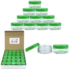 50 New Empty 5 Grams Acrylic Clear Round Jars - BPA Free Containers for Cosmetic, Lotion, Cream, Makeup, Bead, Eye shadow, Rhinestone, Samples, Pot, Small Accessories 5g/5ml (GREEN LID)