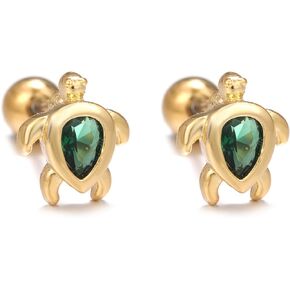 18G Cute Turtle Cartilage Mini Stud Earrings Surgical Stainless Steel Cubic Zirconia Simulated Emerald Crystal Sea Ocean Animal Tragus Screw Back Ball Barbell Labret Helix Tiny Studs Earring Dainty Jewelry Gifts for Women Girls Birthday
