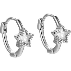 Diamond Star Tiny Small Hoop Earrings Hypoallergenic 925 Sterling Silver Crystal CZ Lucky Star Cartilage Huggie Hoops Earring Sleeper Studs Cute Birthday Jewelry Gifts for Women Teen Girls Little Daughter