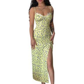 Women Bodycon Floral Print Spaghetti Strap Maxi Dress Vintage Backless Low Cut Split Long Dresses Summer Midi Dress