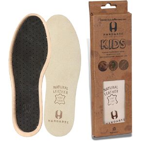 HANDARTE Kids Genuine Leather Insoles - Orthopedic Vegetable Tanned - Odor Eater Natural Padded with Latex Foam - Magic Absorbent and Thin - Tan - Daily Comfort (Kids Size US 12) with Keychain Gift