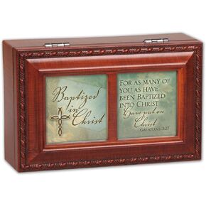 Cottage Garden Baptized Into Christ Woodgrain Rope Trim Jewelry Music Box Plays Amazing Grace