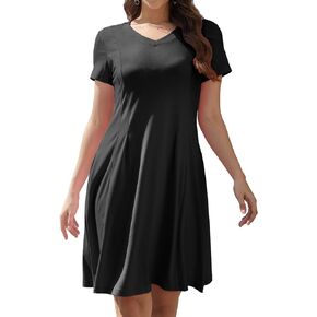 Alaster Queen Womens 2024 Casual Summer Dresses Flowing V Neck Midi Dress Short Sleeve T Shirts for Women with Pocket