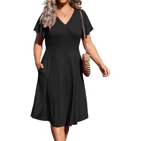 Women's Plus Size V Neck Dress Short Ruffle Sleeve Casual Summer Waistline Tunic Midi Dress with Pockets