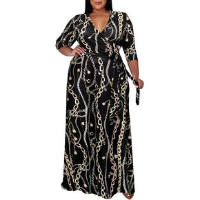 Plus Size Maxi Dresses for Women - V Neck Floral Dress Flowy 3/4 Sleeve with Belt
