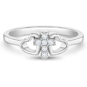925 Sterling Silver Size 2-5 Religious Tiny Cross Cubic Zirconia Heart Rings for Girls - Beautiful Cross & Hearts Ring Bands for Young Girls - Faith CZ Cross Jewelry for Children & Preteens