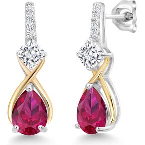 Gem Stone King 925 Sterling Silver and 10K Yellow Gold Pear Shape Red Created Ruby White Moissanite and White Lab Grown Diamond Dangle Earrings For Women (3.20 Cttw, Pear Shape 8X6MM)