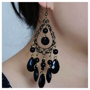 Boho Crystal Dangle Earrings Black Cz Tassel Earrings Teardrop Rhinestone Drop Earrings Chandelier Dangle Hook Earrings Wedding Earrings Jewelry for Women and Girls Cosplay Earrings