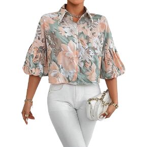 SweatyRocks Women's Striped Print 3/4 Lantern Sleeve Collar Neck Crop Blouse Casual Button Down Crop Shirt Top