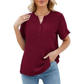 بلوزات LUYAA الصيفية للنساء قمصان أنيقة بياقة على شكل V وأزرار سفلية من الشيفون للعمل والمكتب مع جيب in Kuwait