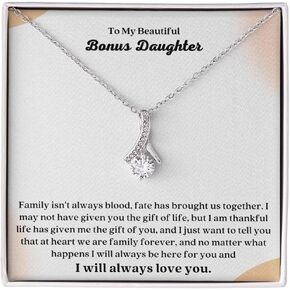 To My Bonus Daughter Necklace Gifts From Stepmom Or Stepdad Sterling Silver Pendant Best For Stepdaughter Christmas Birthday Graduation Day Jewelry with Message Card and Gift Box