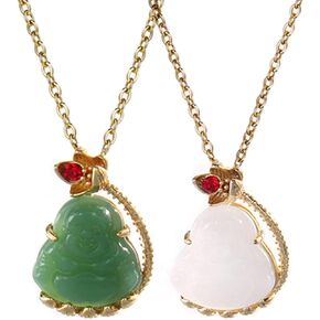 2Pcs Lucky Laughing Buddha Pendant Necklace Set Adjustable Stainless Steel Link Chain Cubic Zirconia Bead Buddhist Necklace for Women Men Girl Boy Amulet Good Luck Protection Jewelry Gift