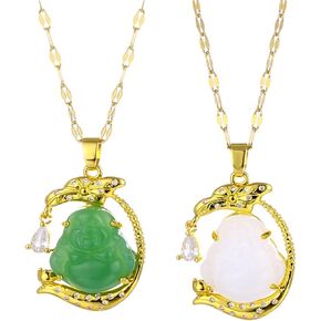 2Pcs Lucky Laughing Buddha Pendant Necklace Set Adjustable Stainless Steel Link Chain Cubic Zirconia Bead Buddhist Necklace for Women Men Girl Boy Amulet Good Luck Protection Jewelry Gift