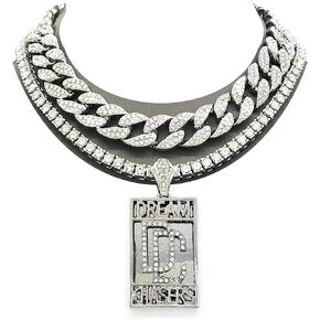 Mens Iced out Hip Hop Pendant Miami Cuban Chain Double Necklace