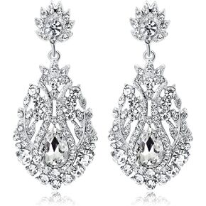JWICOS Silver Floral Teardrop Wedding Bridal Earrings for Women Brides and Bridesmaids Chandelier Crystal Rhinestones Dangle Drop Earrings