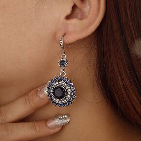 YERTTER Bohemian Silver Crystal Dangle Ethnic Style Earrings Red Blue Black Fake Gem Earrings Indian Earrings Studs Drop Disc Tassel Earrings Vintage Hook Ear Accessories Gift for Women Girls