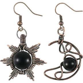 TUMBEELLUWA Gothic Sun and Moon Crystal Earrings for Women Asymmetrical Copper Wire Wrapped Earrings Drop Dangle Jewelry