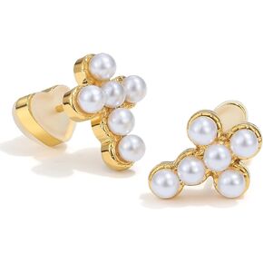 PANSTAR Gold Plated Cross Earrings for Women, 18K Gold Vermeil Hoop Earrings, Dainty Pearl Jewelry Gift Idea, Charm Pendant Earrings for Girl and Ladies