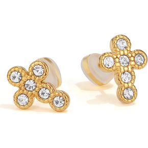 PANSTAR Gold Plated Cross Earrings for Women, 18K Gold Vermeil Hoop Earrings, Dainty Pearl Jewelry Gift Idea, Charm Pendant Earrings for Girl and Ladies