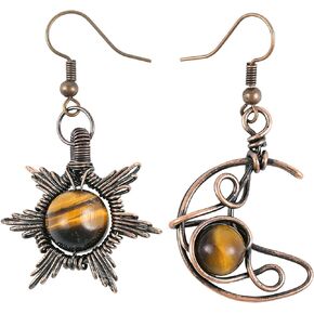 TUMBEELLUWA Gothic Sun and Moon Crystal Earrings for Women Asymmetrical Copper Wire Wrapped Earrings Drop Dangle Jewelry