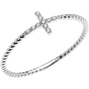 14K White Gold Diamond Accented Sideways Cross Rope Design Statement Ring (K-M Color)