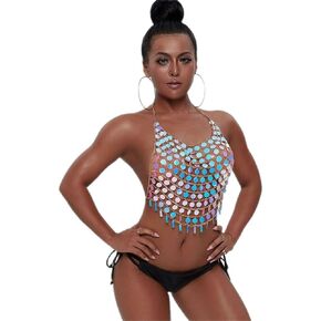 Boho Body Chain Bra Gold Sexy Rhinestone Bikini Bra Body Halter Backless Sequins Chain Bra Beach Body Accessories Jewelry for Women and Girls (Blue Bra)