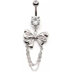 Pierced Owl 14GA 316L Stainless Steel CZ Crystal Butterfly with Double Dangling Chains Belly Button Ring