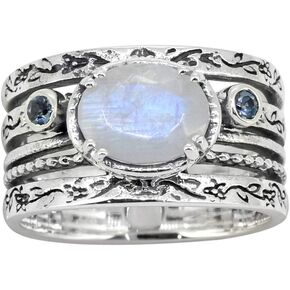 YoTreasure Moonstone London Blue Topaz 925 Sterling Silver Antique Three Stone Ring