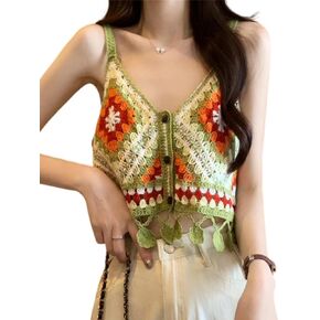 Women's Colorblock Sleeveless Knitted Crochet Cami Crop Tops